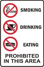 SMOKING DRINKING EATING PROHIBITED IN THIS AREA WITH PICTOS