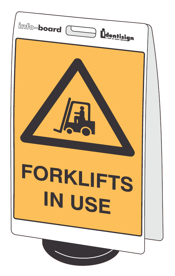 INFO-BOARD FLOOR STAND WITH RUBBER BASE FORKLIFTS IN USE 450 X 720