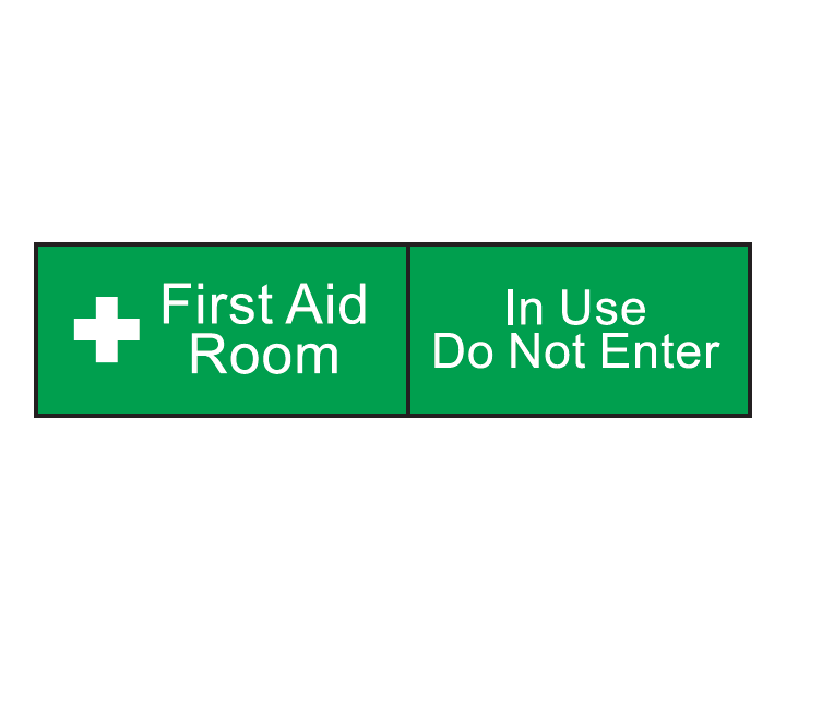 ENGRAVED AVAILABLE FOR USE / IN USE DO NOT ENTER WITH "FIRST AID ROOM" SLIDING PANEL