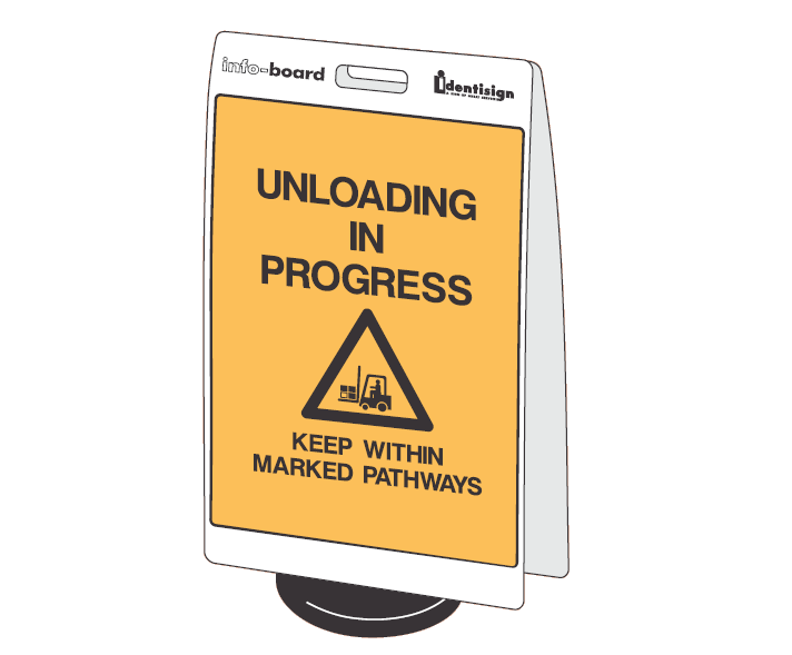 INFO-BOARD FLOOR STAND WITH RUBBER BASE UNLOADING IN PROGRESS KEEP WITHIN MARKED PATHWAYS WITH PICTO 450 X 720