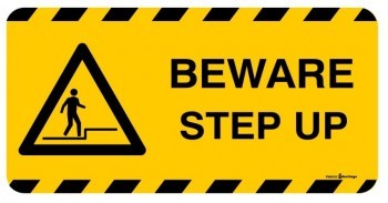 FLOOR MARKER BEWARE STEP UP WITH PICTO ADHESIVE LABEL 500 X 250