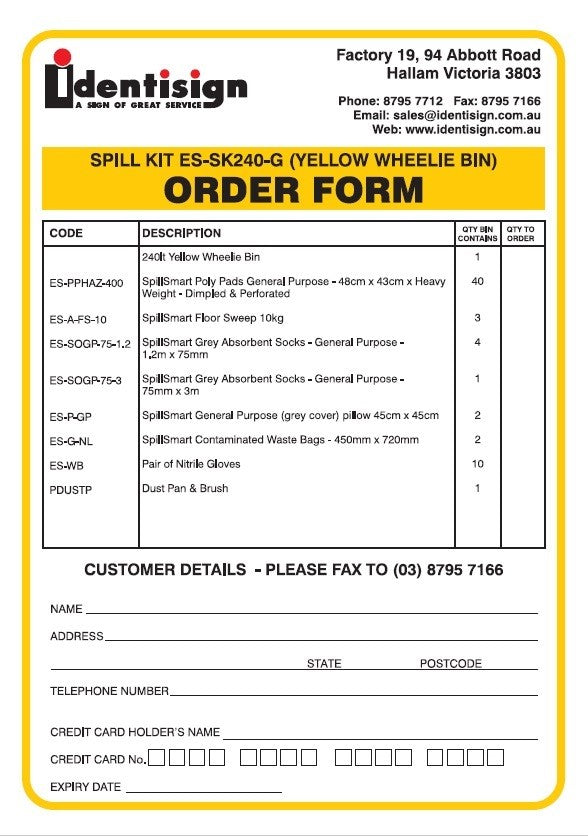 SPILL KIT ORDER FORM - 240L (FREE PRODUCT)