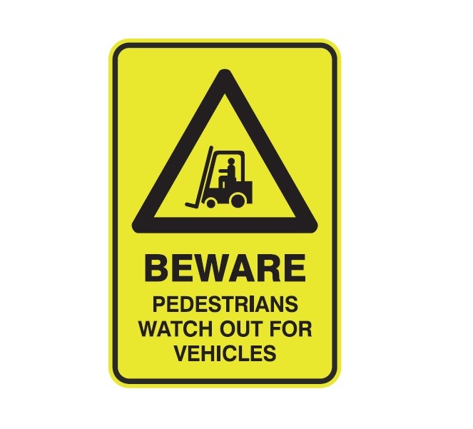 BEWARE PEDESTRIANS WATCH OUT FOR VEHICLES WITH PICTO CLASS 1 REFLECTIVE ALUMINIUM 445 X 295