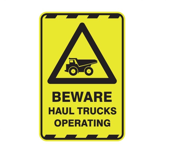 BEWARE HAUL TRUCKS OPERATING WITH PICTO CLASS 1 REFLECTIVE ALUMINIUM 445 X 295