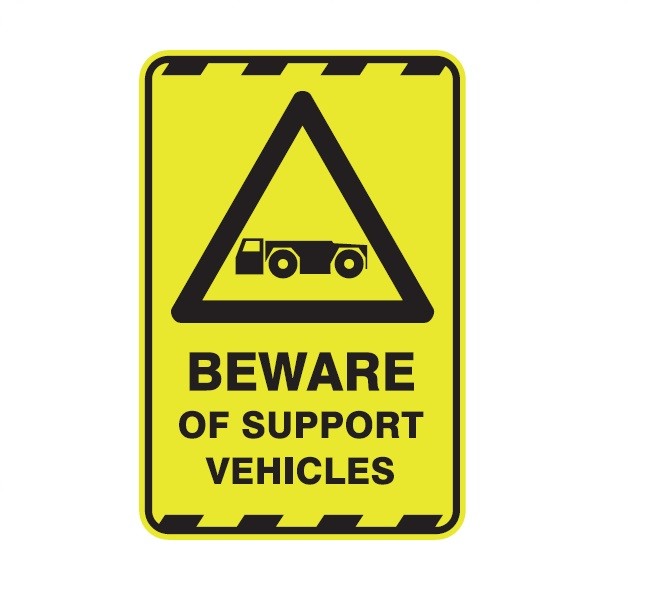 BEWARE OF SUPPORT VEHICLES WITH PICTO CLASS 1 REFLECTIVE ALUMINIUM 445 X 295