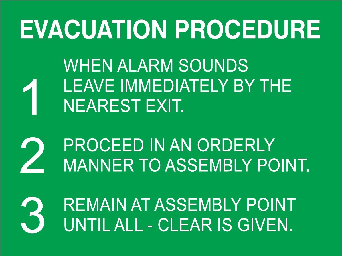 REVERSE ENGRAVED PAINT-FILLED EVACUATION PROCEDURE 3 STEPS 150 X 200