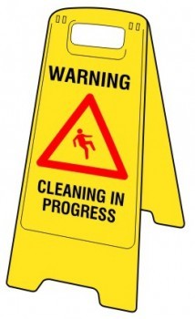 FLOOR STAND MOULDED PLASTIC CLEANING IN PROGRESS WITH PICTO - PREPRINTED