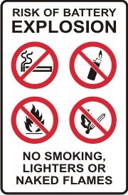RISK OF BATTERY EXPLOSION NO SMOKING LIGHTERS OR NAKED FLAMES WITH PICTOS