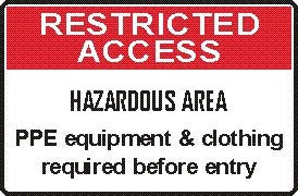 RESTRICTED AREA HAZARDOUS AREA PPE & CLOTHING REQUIRED BEFORE ENTRY