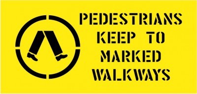 PEDESTRIANS KEEP TO MARKED WALKWAYS WITH PICTO CARPARK STENCIL
