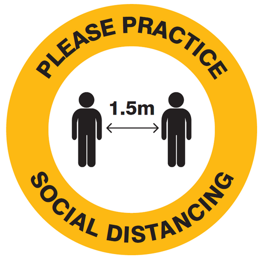 FLOOR MARKER PLEASE PRACTICE SOCIAL DISTANCING WITH PICTO ADHESIVE LABEL 200mm DIA