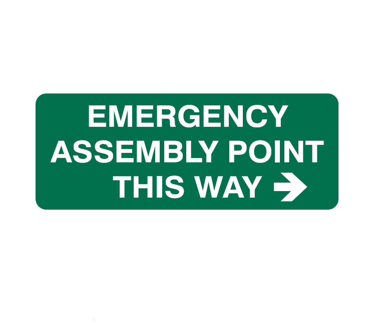 EMERGENCY ASSEMBLY POINT THIS WAY WITH PICTO