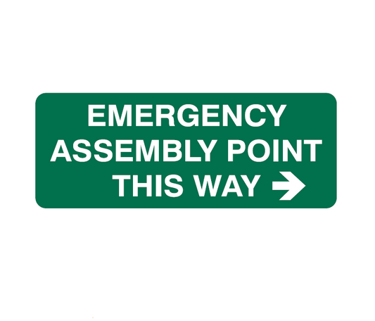 EMERGENCY ASSEMBLY POINT THIS WAY WITH PICTO