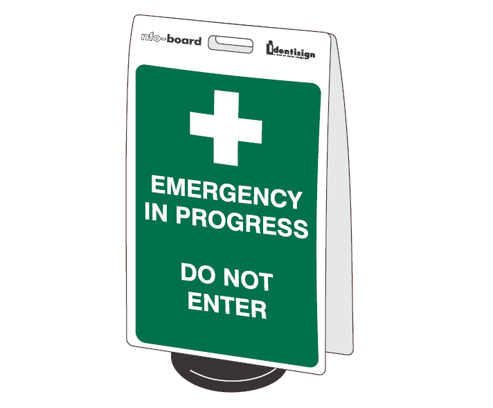 INFO-BOARD FLOOR STAND WITH RUBBER BASE EMERGENCY IN PROGRESS DO NOT ENTER WITH PICTO 450 X 720