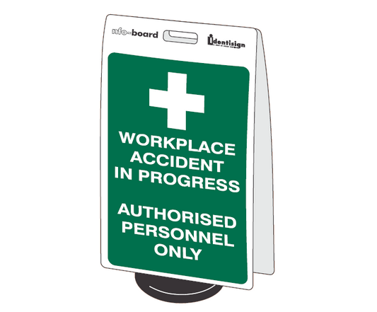 INFO-BOARD FLOOR STAND WITH RUBBER BASE WORKPLACE ACCIDENT IN PROGRESS AUTHORISED PERSONNEL ONLY WITH PICTO 450 X 720