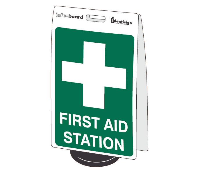 INFO-BOARD FLOOR STAND WITH RUBBER BASE FIRST AID STATION WITH PICTO 450 X 720