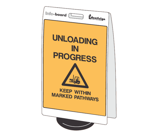 INFO-BOARD FLOOR STAND WITH RUBBER BASE UNLOADING IN PROGRESS KEEP WITHIN MARKED PATHWAYS WITH PICTO 450 X 720