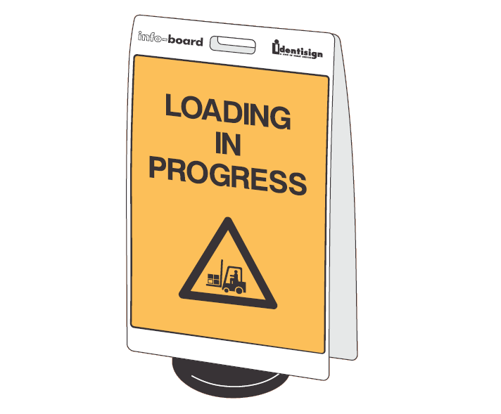INFO-BOARD FLOOR STAND WITH RUBBER BASE LOADING IN PROGRESS WITH PICTO FORKLIFT 450 X 720