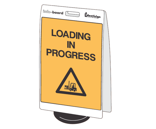 INFO-BOARD FLOOR STAND WITH RUBBER BASE LOADING IN PROGRESS WITH PICTO FORKLIFT 450 X 720