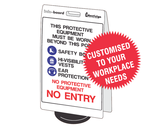 INFO-BOARD FLOOR STAND WITH RUBBER BASE CUSTOMISED PPE REQUIREMENTS BEYOND THIS POINT NO ENTRY WITH PICTOS 450 X 720
