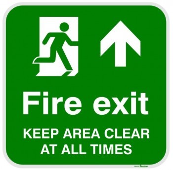 FLOOR MARKER FIRE EXIT KEEP AREA CLEAR AT ALL TIMES WITH PICTOS ADHESIVE LABEL 500 X 500
