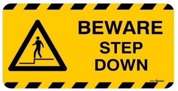 FLOOR MARKER BEWARE STEP DOWN WITH PICTO ADHESIVE LABEL 500 X 250