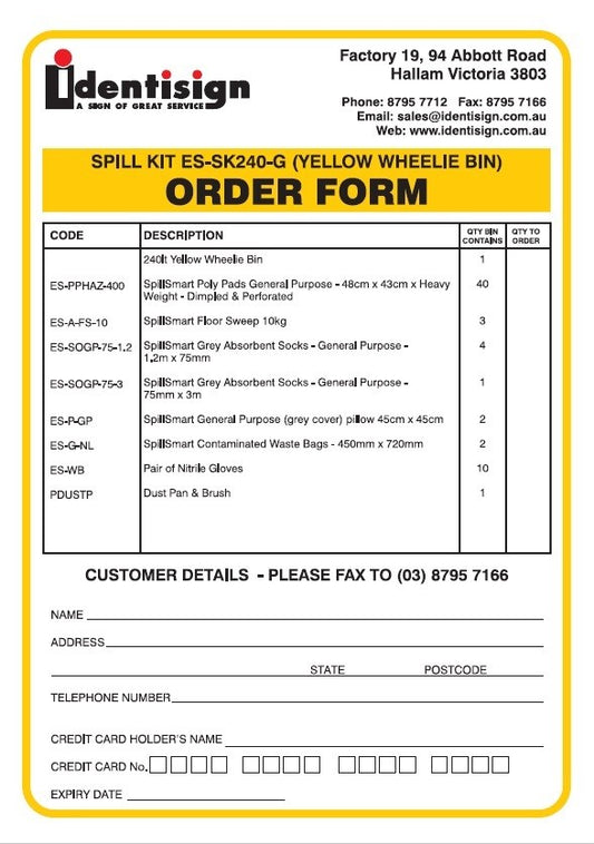 SPILL KIT ORDER FORM - 240L (FREE PRODUCT)