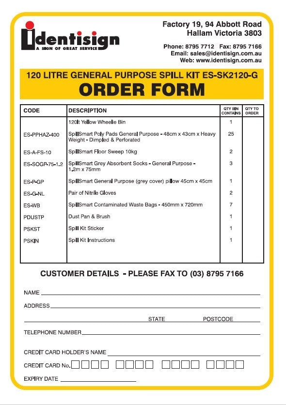 SPILL KIT ORDER FORM - 120L (FREE PRODUCT)