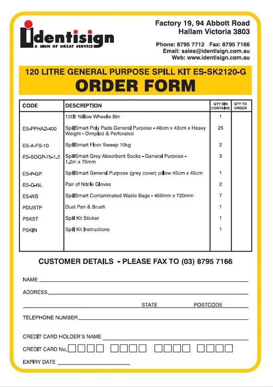 SPILL KIT ORDER FORM - 120L (FREE PRODUCT)
