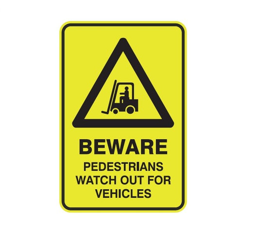 BEWARE PEDESTRIANS WATCH OUT FOR VEHICLES WITH PICTO CLASS 1 REFLECTIVE ALUMINIUM 445 X 295