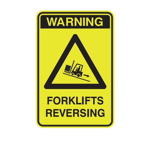 WARNING FORKLIFTS REVERSING WITH PICTO CLASS 1 REFLECTIVE ALUMINIUM 445 X 295