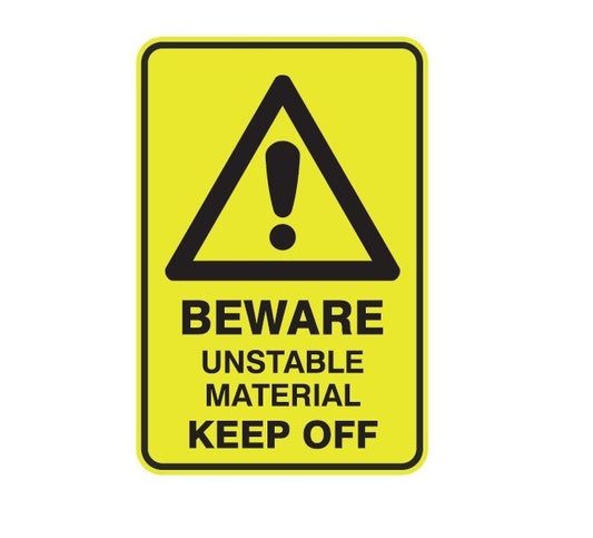 BEWARE UNSTABLE MATERIAL KEEP OFF WITH PICTO CLASS 1 REFLECTIVE ALUMINIUM 445 X 295