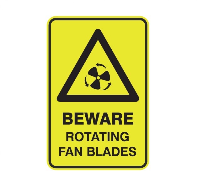 BEWARE ROTATING FAN BLADES WITH PICTO CLASS 1 REFLECTIVE ALUMINIUM 445 X 295