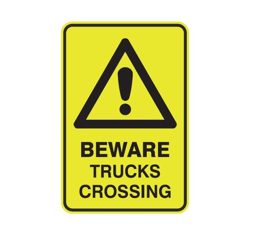 BEWARE TRUCKS CROSSING WITH PICTO CLASS 1 REFLECTIVE ALUMINIUM 445 X 295