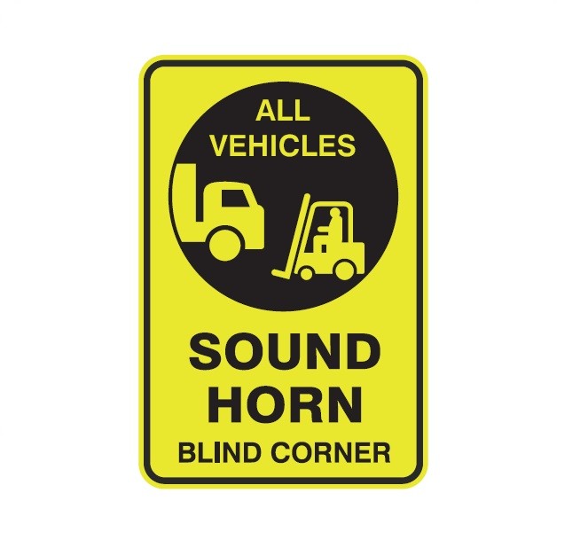 ALL VEHICLES SOUND HORN BLIND CORNER WITH PICTO CLASS 1 REFLECTIVE ALUMINIUM 445 X 295