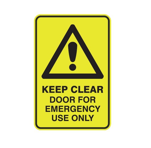 KEEP CLEAR DOOR FOR EMERGENCY USE ONLY WITH PICTO CLASS 1 REFLECTIVE ALUMINIUM 445 X 295